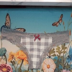 Aerie Gray And Cream Thong Panties With Cute Bow